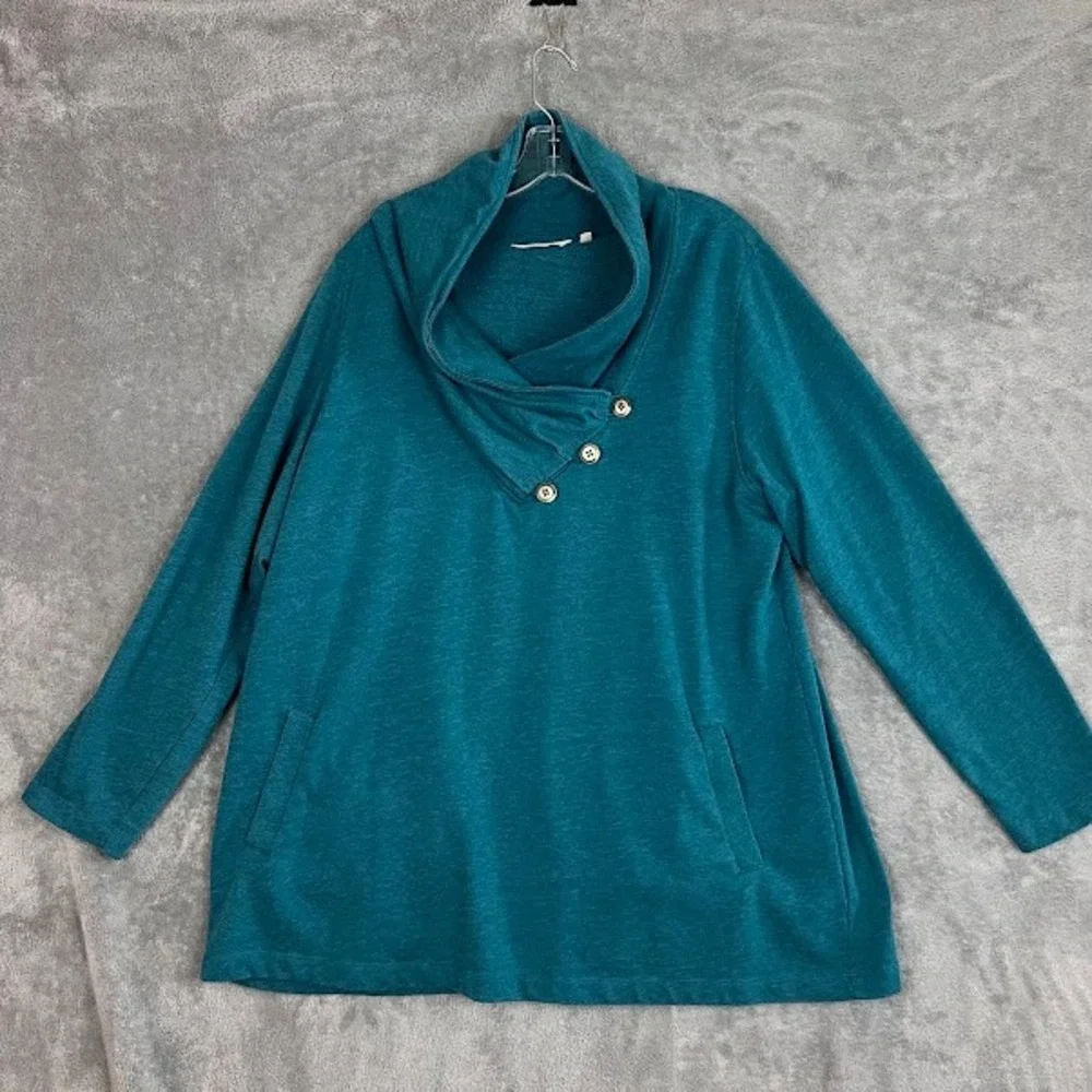 Soft Surroundings Westminster Tunic Sweatshirt Womens 1X Teal Cowl Neck Cozy